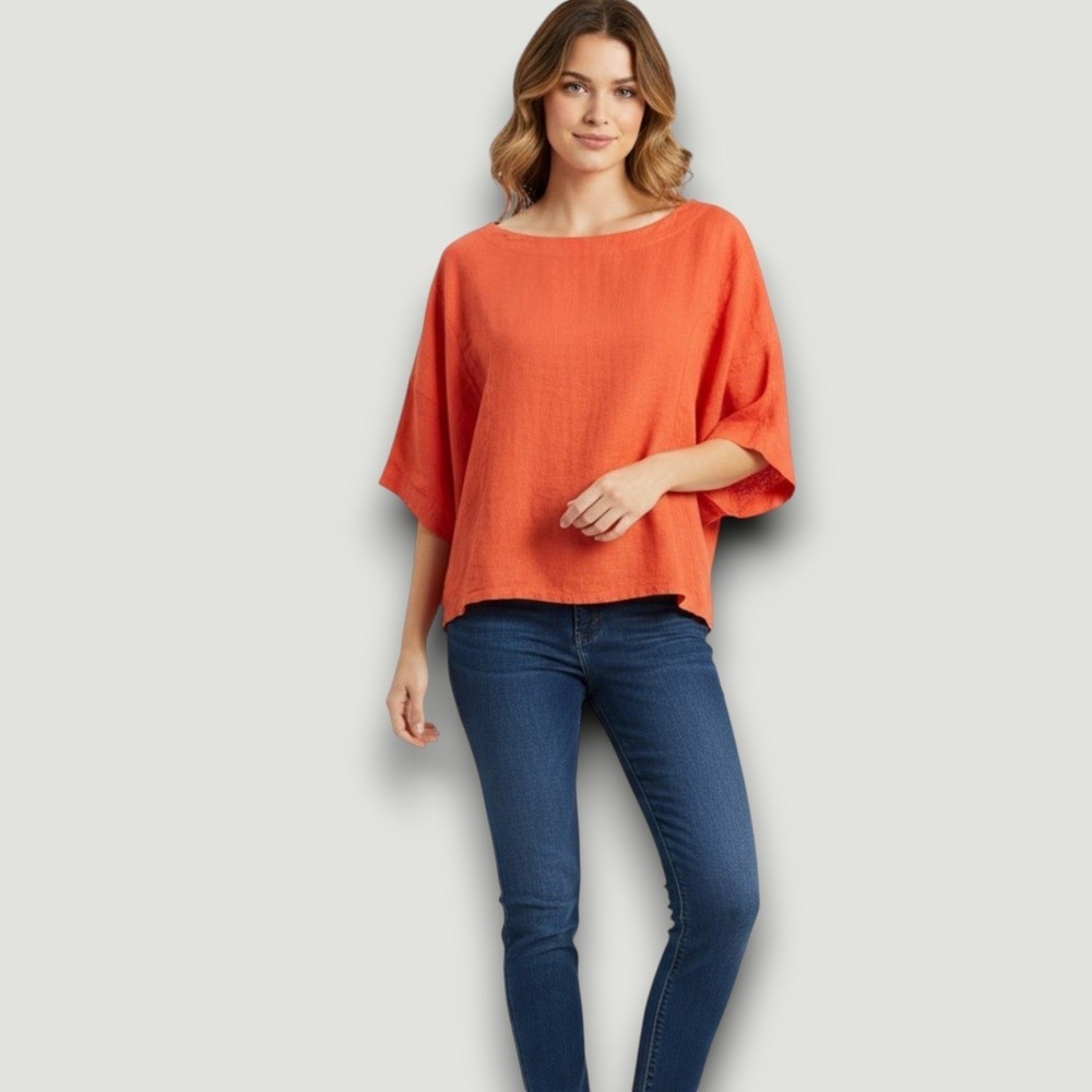 Cherry Betty Blouse L Rust Orange Cotton Kimono‎ Sleeve Boxy Lagenlook